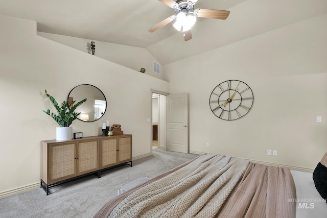 bedroom featuring a ceiling fan, baseboards, visible vents, vaulted ceiling, and light carpet