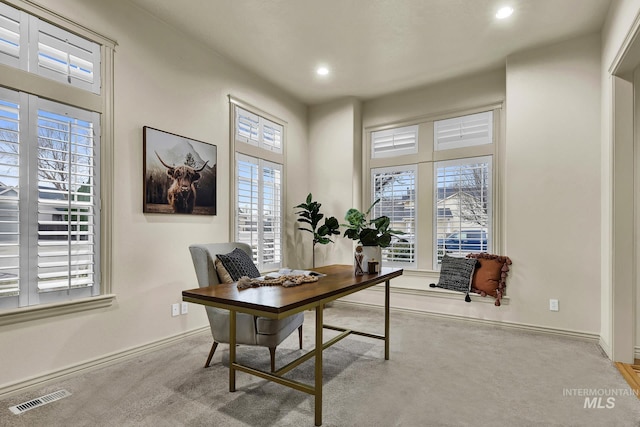 carpeted home office with visible vents, recessed lighting, and baseboards