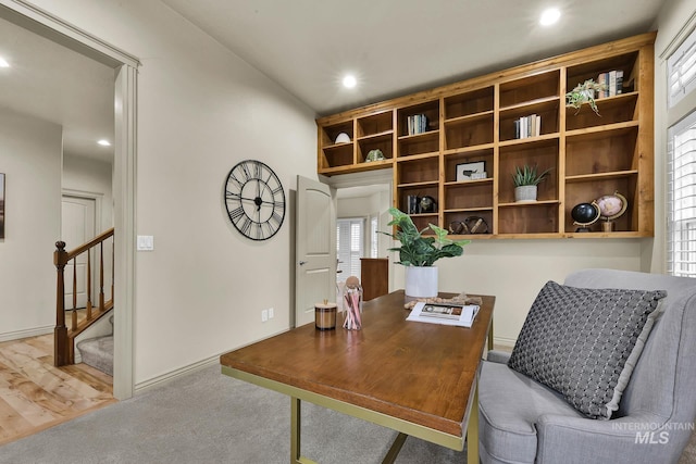 home office featuring recessed lighting, baseboards, and carpet floors