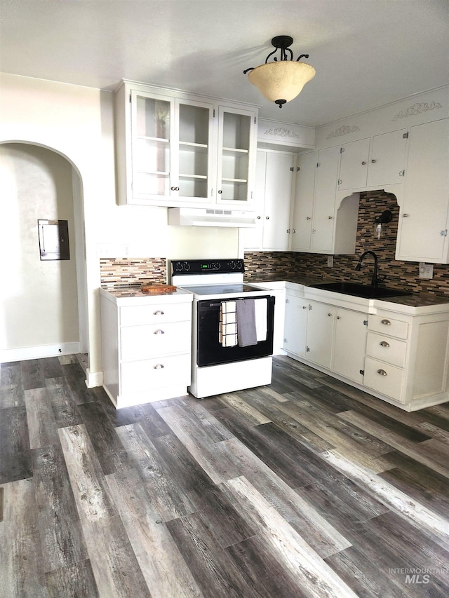 205 Nebraska, Gooding, ID 83330 - kitchen with electric range, under cabinet range hood, backsplash, and white cabinetry