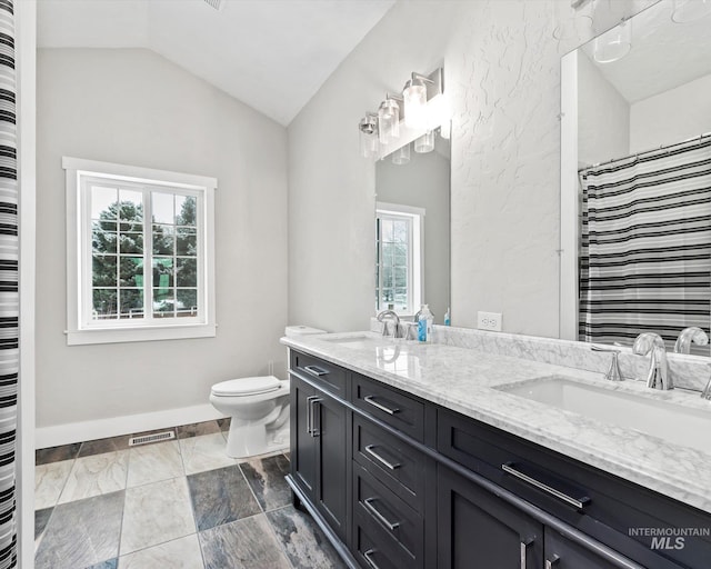 bathroom featuring toilet, vanity, and vaulted ceiling