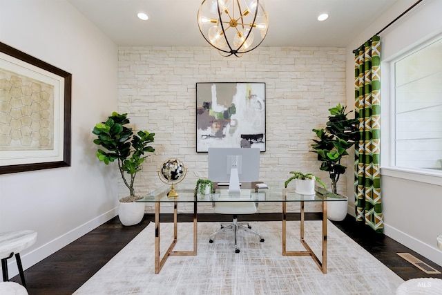 office with baseboards, wood finished floors, a chandelier, and recessed lighting