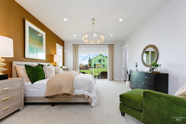 bedroom featuring a chandelier, access to exterior, recessed lighting, light colored carpet, and baseboards
