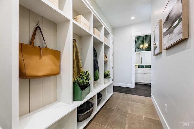 mudroom featuring recessed lighting, baseboards, and tile patterned flooring