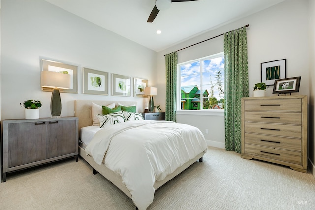 bedroom featuring baseboards, light colored carpet, a ceiling fan, and recessed lighting