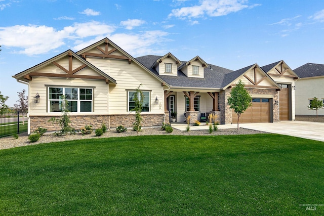 craftsman inspired home featuring a porch, stone siding, driveway, an attached garage, and a shingled roof