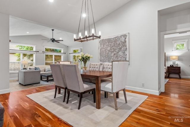 2411 S Marypost, Eagle, ID 83616 - dining area with a ceiling fan, light wood-style floors, high vaulted ceiling, and recessed lighting