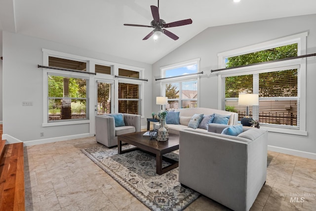 2411 S Marypost, Eagle, ID 83616 - living room with stone finish floors, a ceiling fan, and high vaulted ceiling