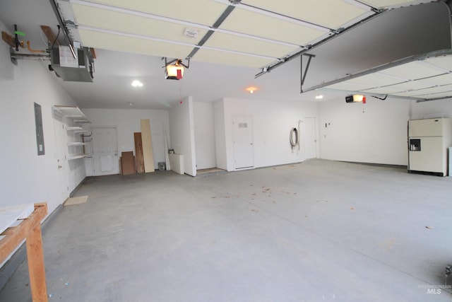 garage with white fridge with ice dispenser, a garage door opener, and electric panel