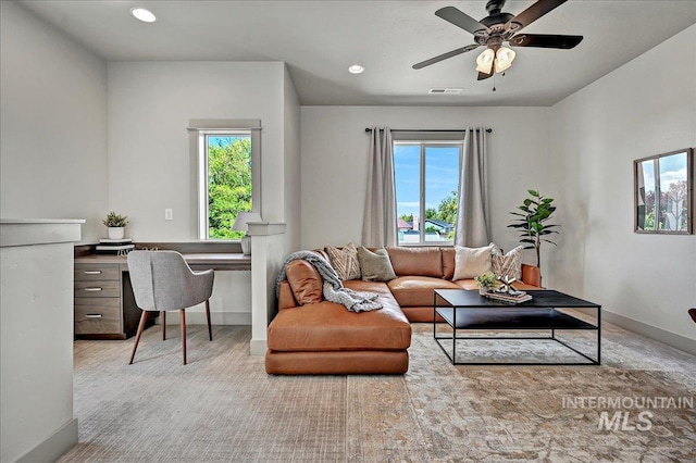 2128 N Woodcreek St, Boise, ID 83704 - living room featuring a desk, a ceiling fan, baseboards, and recessed lighting