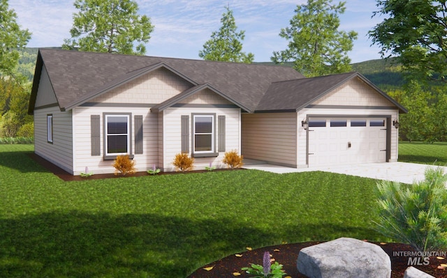 view of front of house featuring a garage, driveway, a front lawn, and roof with shingles