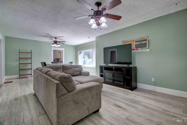 412 6th Ave N, Twin Falls, ID 83301 - living room with a ceiling fan, a wall mounted air conditioner, a textured ceiling, and light wood-type flooring