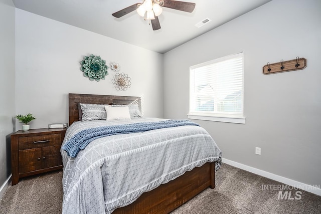 bedroom with carpet, ceiling fan, and baseboards