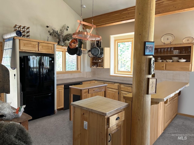 1262 N Soldier Creek Rd, Fairfield, ID 83327 - kitchen featuring black appliances, tasteful backsplash, and light carpet
