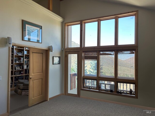 1262 N Soldier Creek Rd, Fairfield, ID 83327 - entryway with carpet flooring, high vaulted ceiling, a wealth of natural light, and baseboards