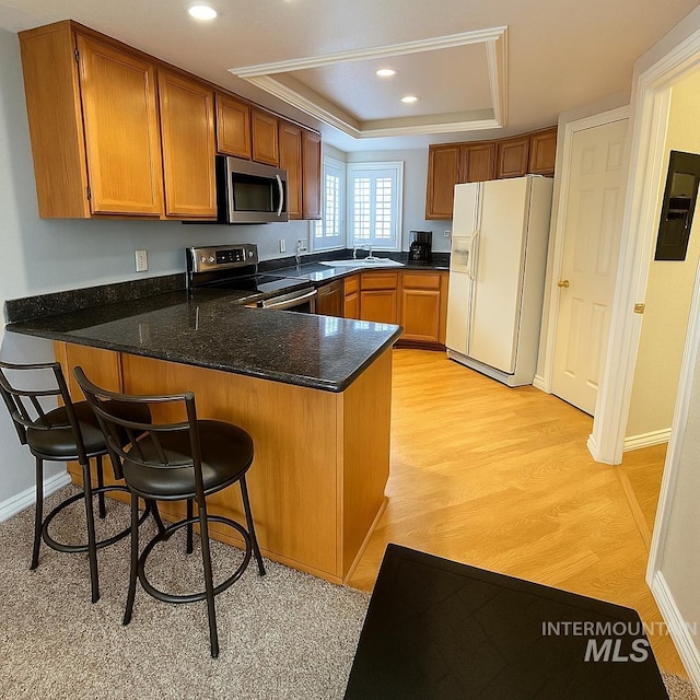 kitchen with electric panel, brown cabinets, a sink, a peninsula, and stainless steel appliances