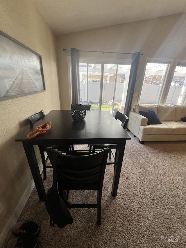 carpeted dining area featuring a textured wall and plenty of natural light