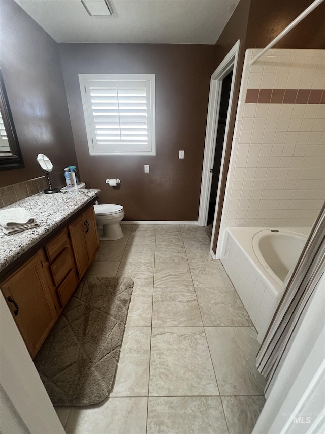 full bathroom with vanity, baseboards, toilet, and visible vents