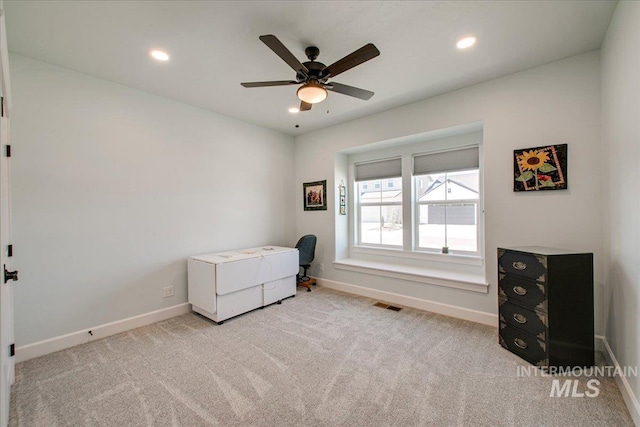 bedroom with baseboards, carpet flooring, visible vents, and recessed lighting