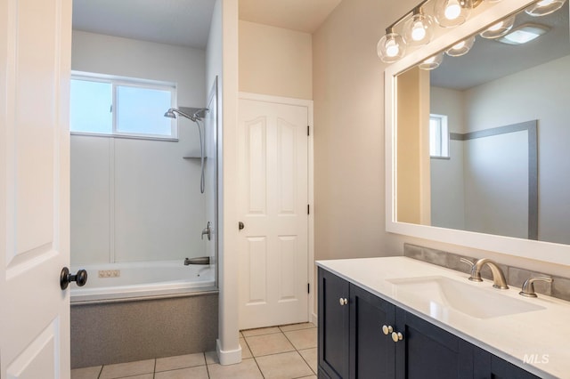 bathroom with tile patterned flooring, vanity, and bathtub / shower combination