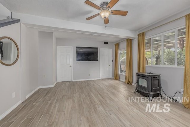 4610 Power Rd, Ontario, OR 97914 - unfurnished living room featuring a wood stove, light wood finished floors, ceiling fan, and baseboards