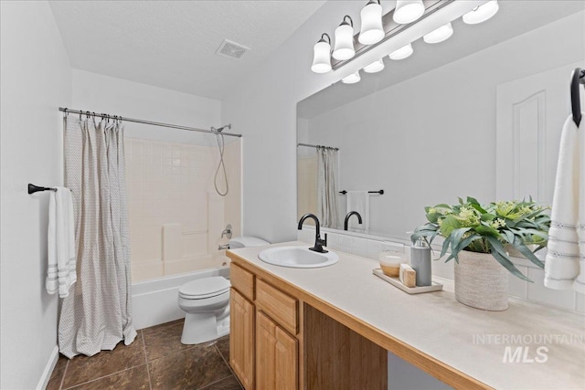 bathroom featuring visible vents, shower / tub combo, toilet, and vanity