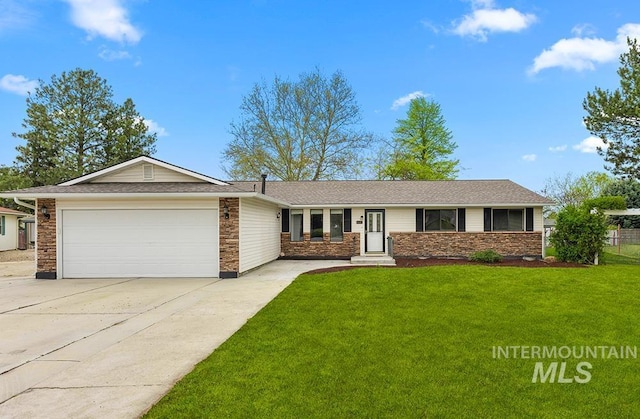 single story home with an attached garage, stone siding, driveway, and a front yard