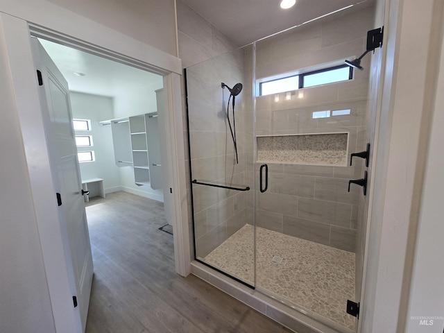 531 Full Moon Way, Twin Falls, ID 83301 - bathroom featuring a shower stall, wood finished floors, and recessed lighting