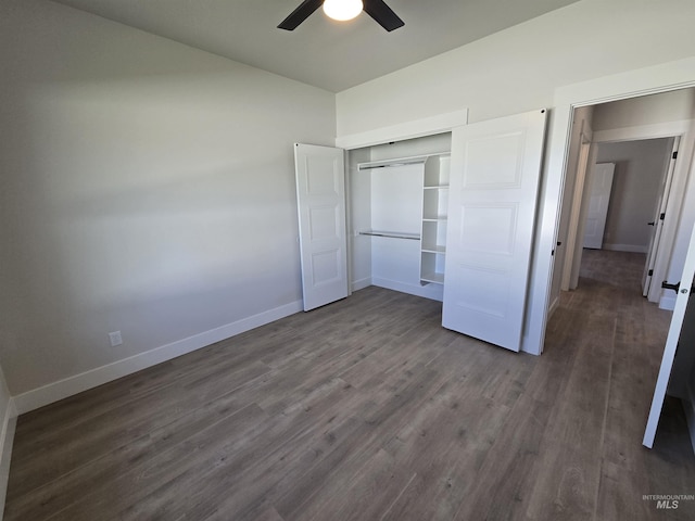 531 Full Moon Way, Twin Falls, ID 83301 - unfurnished bedroom featuring dark wood-style flooring, a closet, lofted ceiling, and ceiling fan