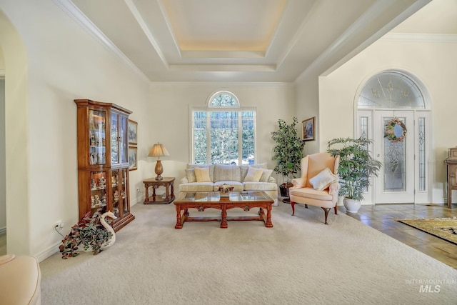 sitting room featuring a tray ceiling, a towering ceiling, carpet floors, and ornamental molding