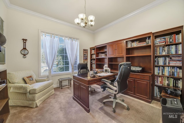 carpeted home office with crown molding and a notable chandelier