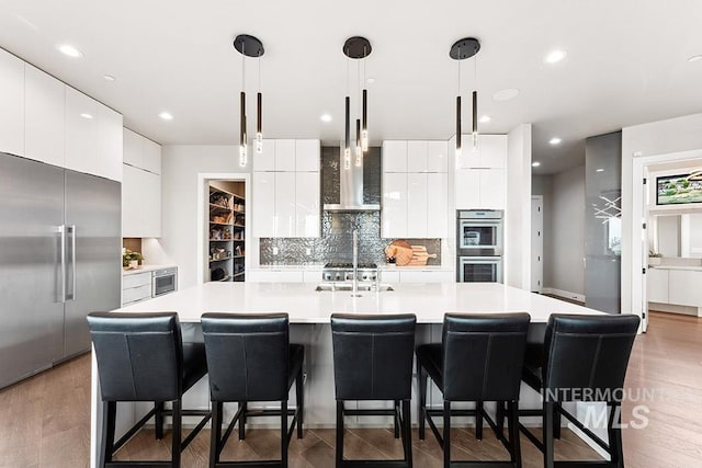 1519 S Galaxy Way, Boise, ID 83712 - kitchen featuring appliances with stainless steel finishes, modern cabinets, wall chimney exhaust hood, and decorative backsplash
