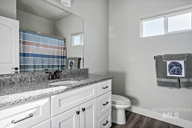 bathroom featuring hardwood / wood-style floors, vanity, and toilet