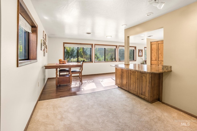 office space featuring baseboards and light carpet