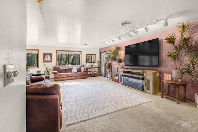 living room featuring carpet floors, a textured ceiling, rail lighting, and visible vents