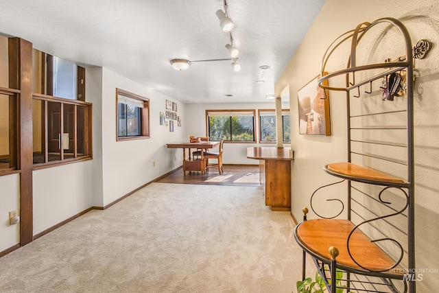 hall with track lighting, carpet floors, and baseboards