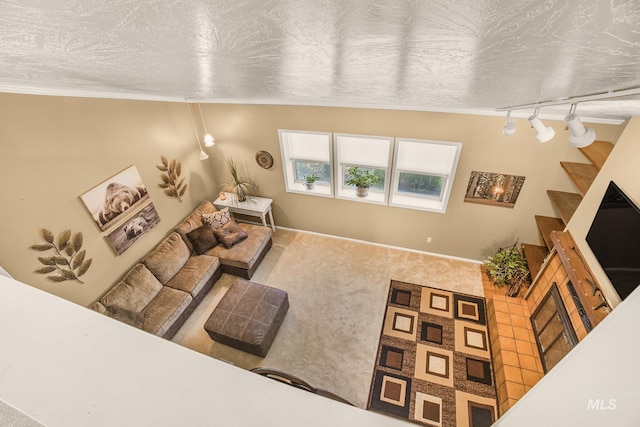 living area with a textured ceiling, crown molding, track lighting, carpet, and stairs
