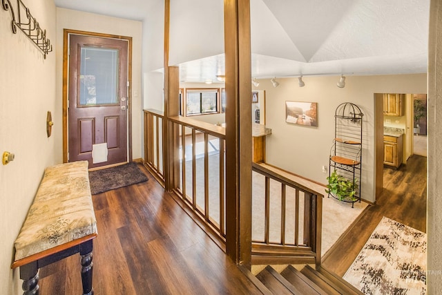 foyer entrance with rail lighting and dark wood-style floors