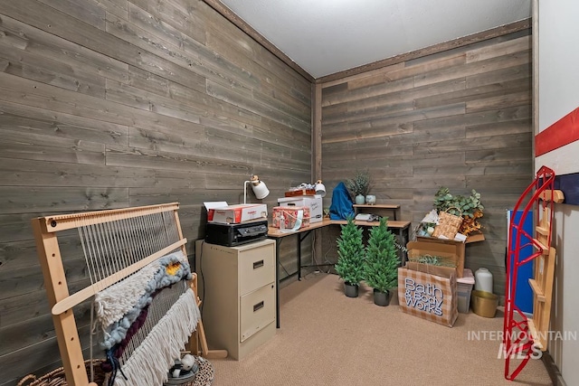 carpeted home office with wooden walls