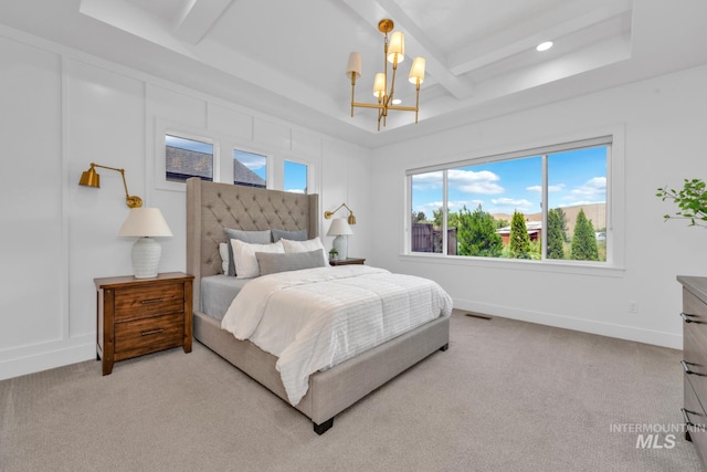 7060 E La Cuesta St, Boise, ID 83716 - bedroom with a chandelier, beamed ceiling, light carpet, recessed lighting, and coffered ceiling