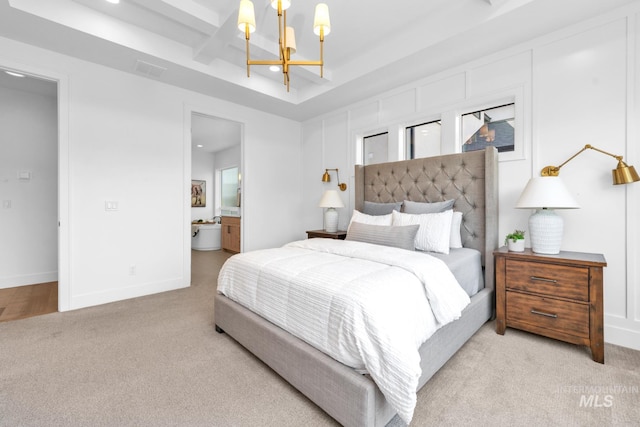 7060 E La Cuesta St, Boise, ID 83716 - bedroom with a chandelier, light carpet, baseboards, ensuite bath, and recessed lighting