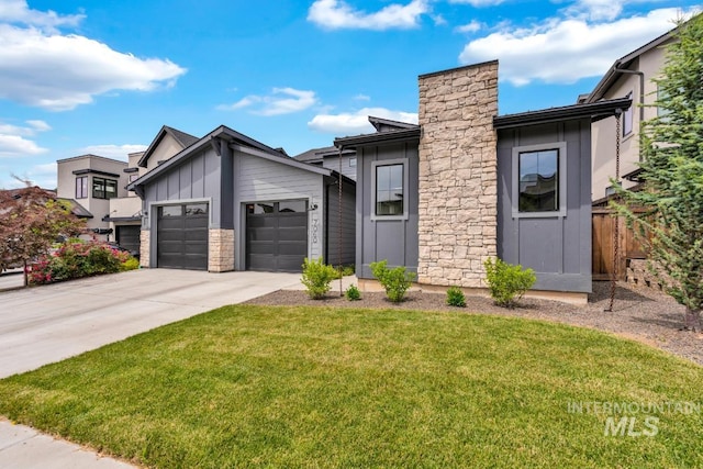 7060 E La Cuesta St, Boise, ID 83716 - view of front of property with a garage, board and batten siding, driveway, and stone siding