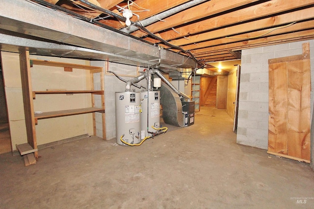 unfinished below grade area with heating unit, stairs, and water heater