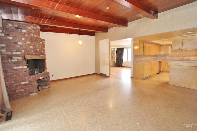 unfurnished living room with a brick fireplace, wood ceiling, visible vents, and beamed ceiling