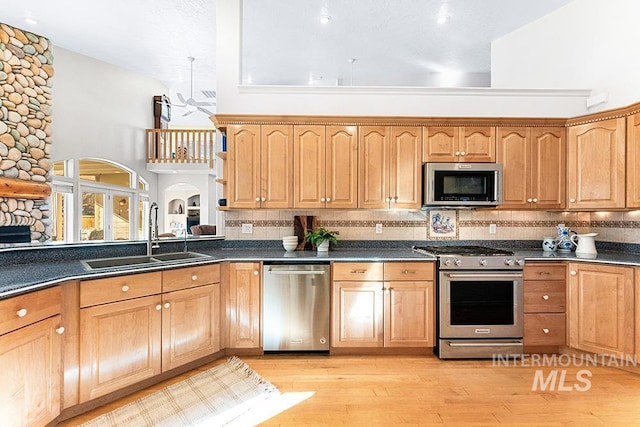 kitchen with light wood-type flooring, backsplash, a fireplace, appliances with stainless steel finishes, and sink