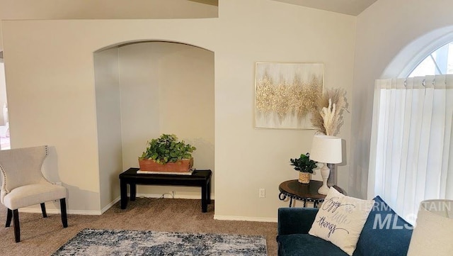 sitting room featuring carpet and baseboards