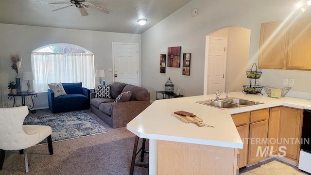 kitchen featuring a peninsula, vaulted ceiling, a sink, and light countertops