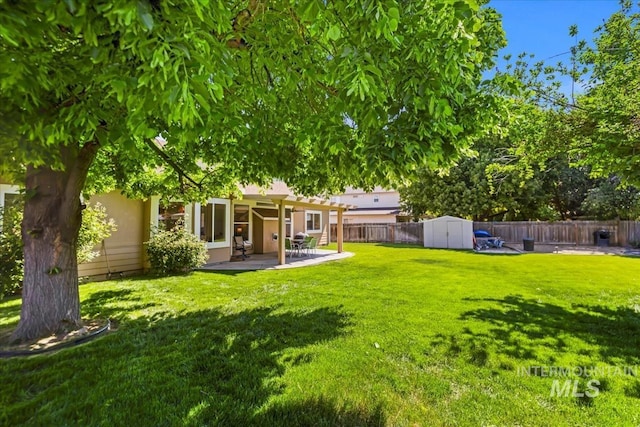 view of yard featuring a storage unit, a patio, and an outdoor structure