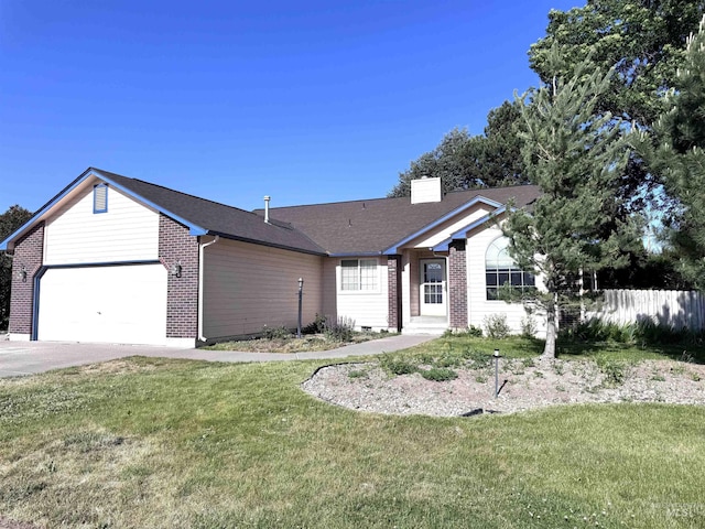 1710 N Haskett, Mountain Home, ID 83647 - ranch-style house featuring a chimney, a garage, brick siding, and concrete driveway