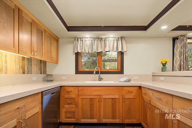 kitchen featuring stainless steel dishwasher, plenty of natural light, a sink, and light countertops